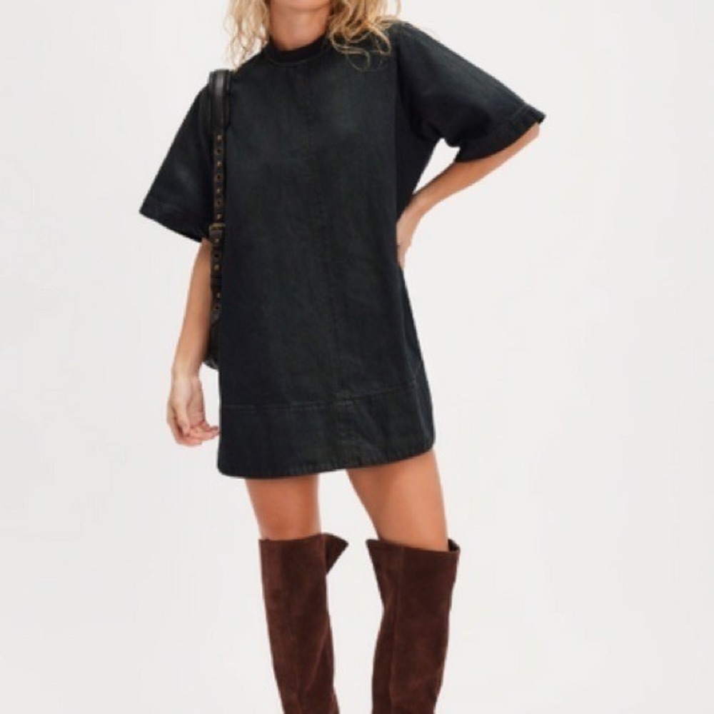 Free People Black Denim Mini Dress Short Sleeve Acid Wash Backโ Zip Oversized